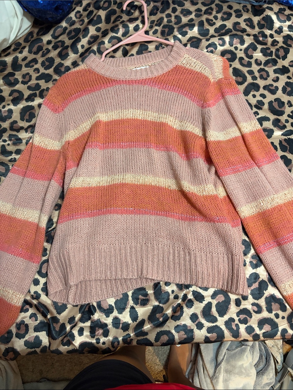 LC Lauren Conrad Pink and Orange Striped Crewneck Sweater